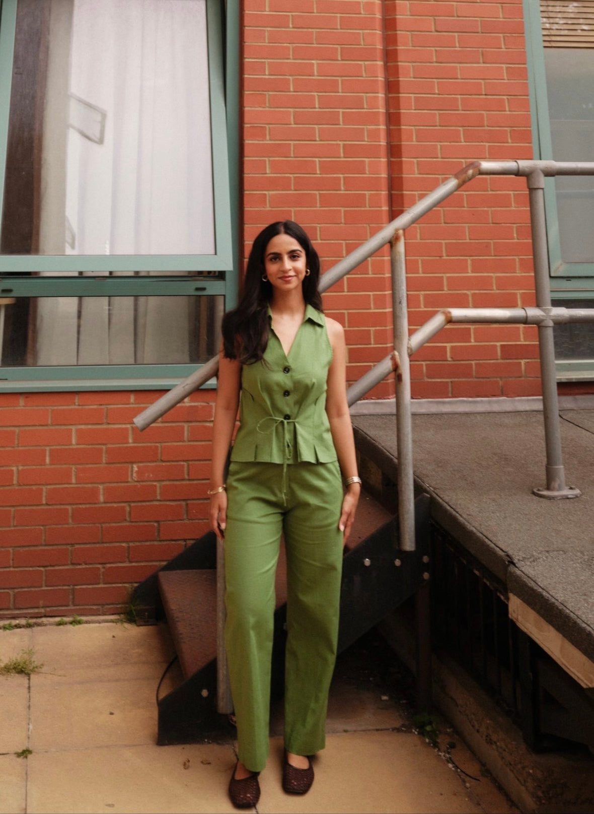 Sanditti Green Linen Waist Coat Set