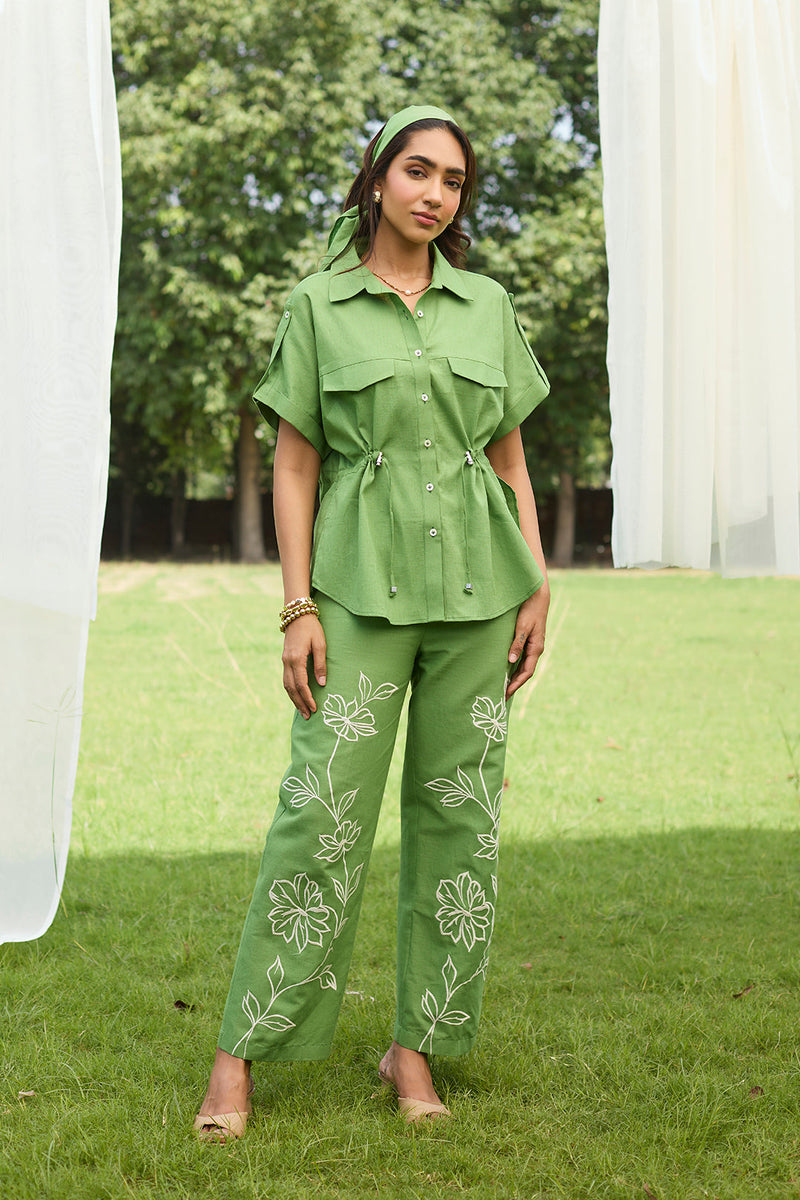 Sanditti Green Floral Embroidered Linen Set