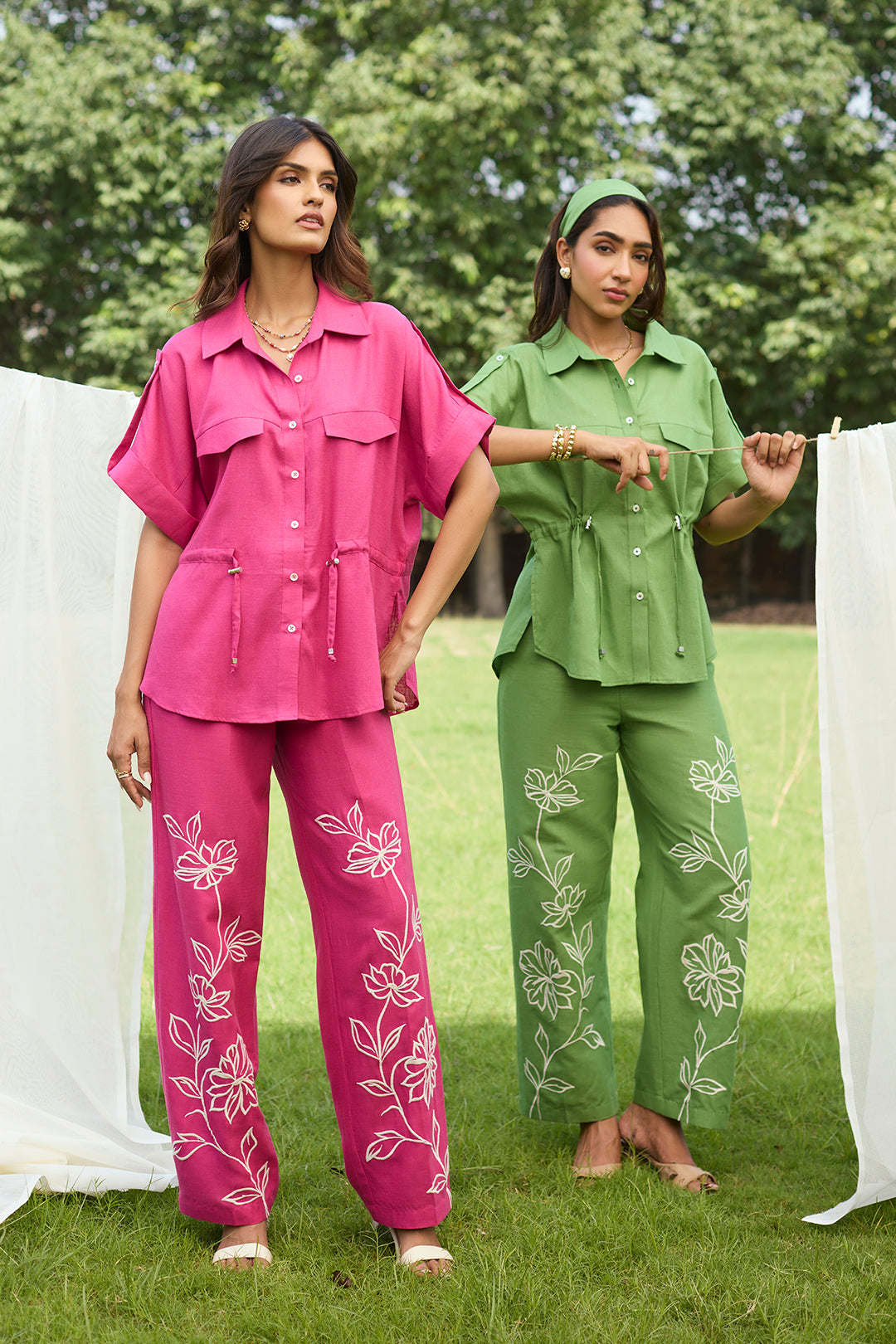 Sanditti Pink Floral Embroidered Linen Set
