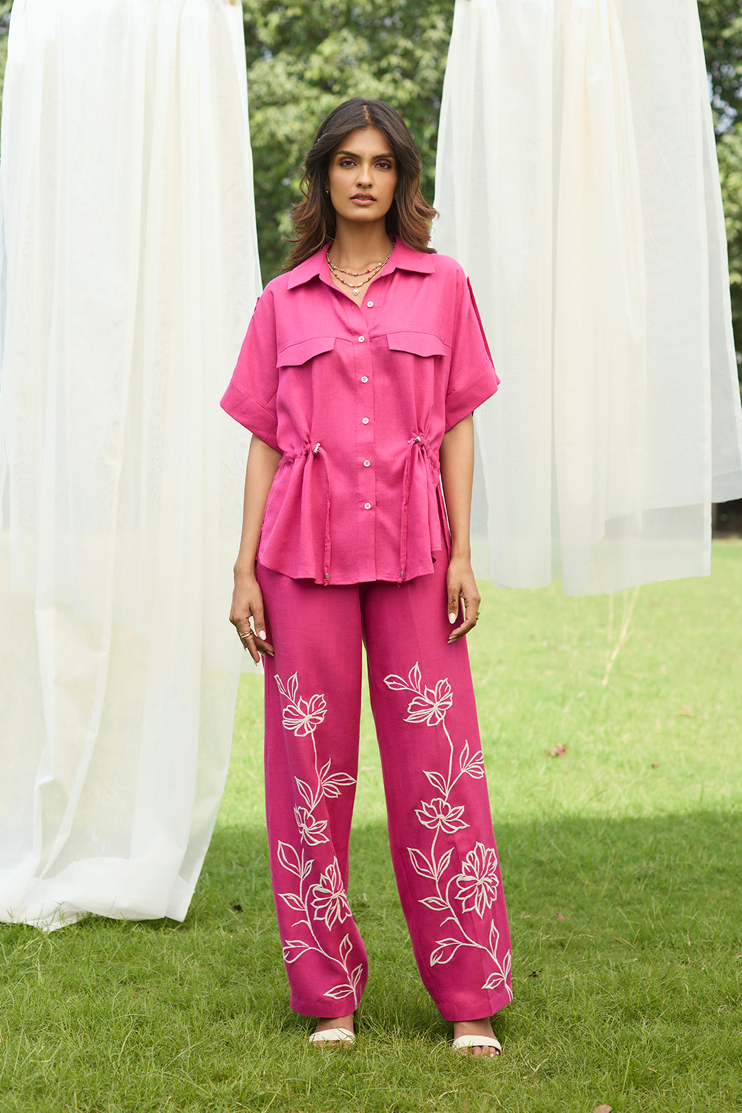 Sanditti Pink Floral Embroidered Linen Set