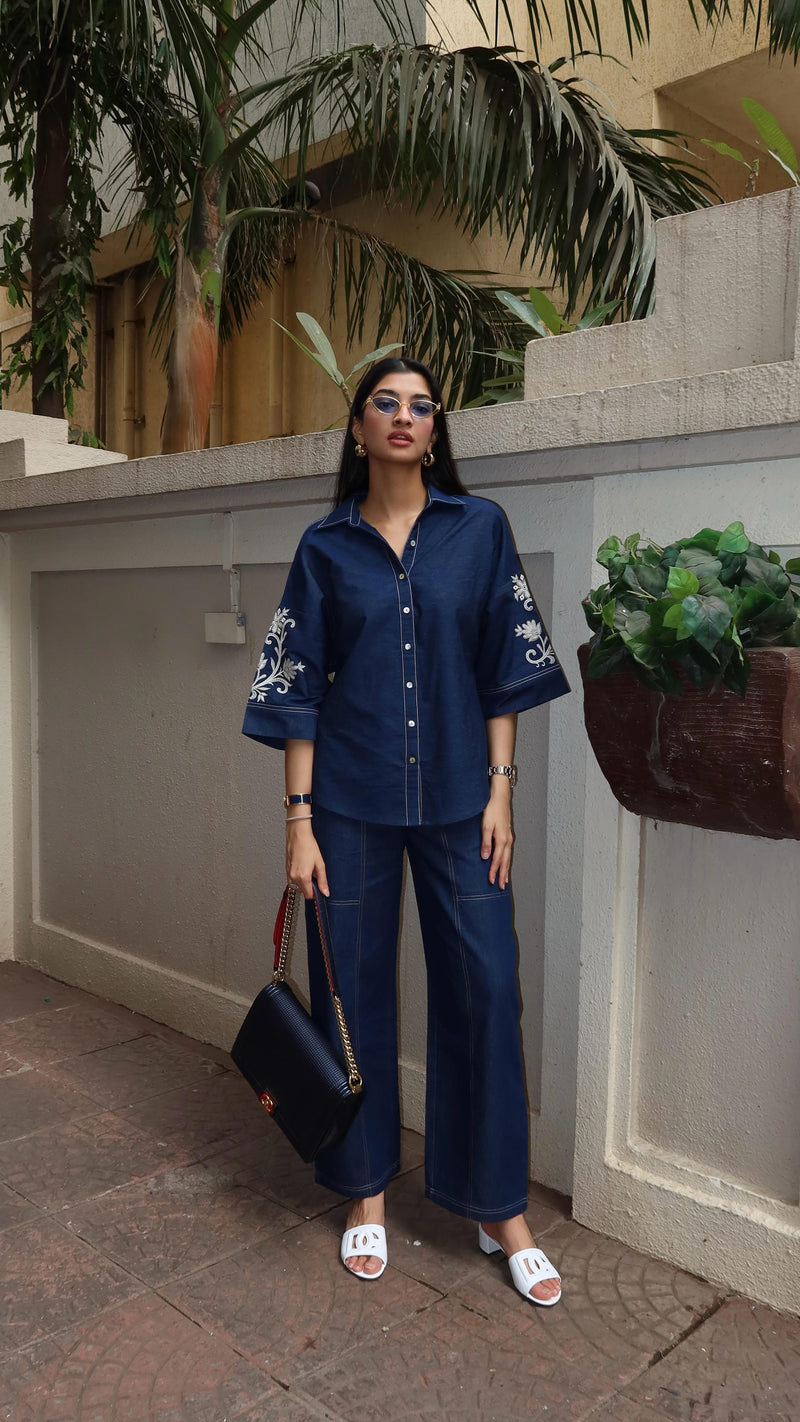 Sanditti Noor Denim Embroidered Coord Set
