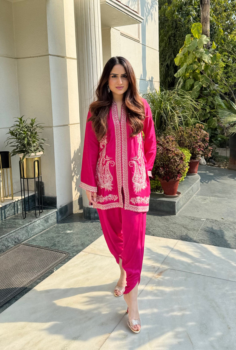 Sanditti Hot Pink Paisley Embroidered Dhoti Set
