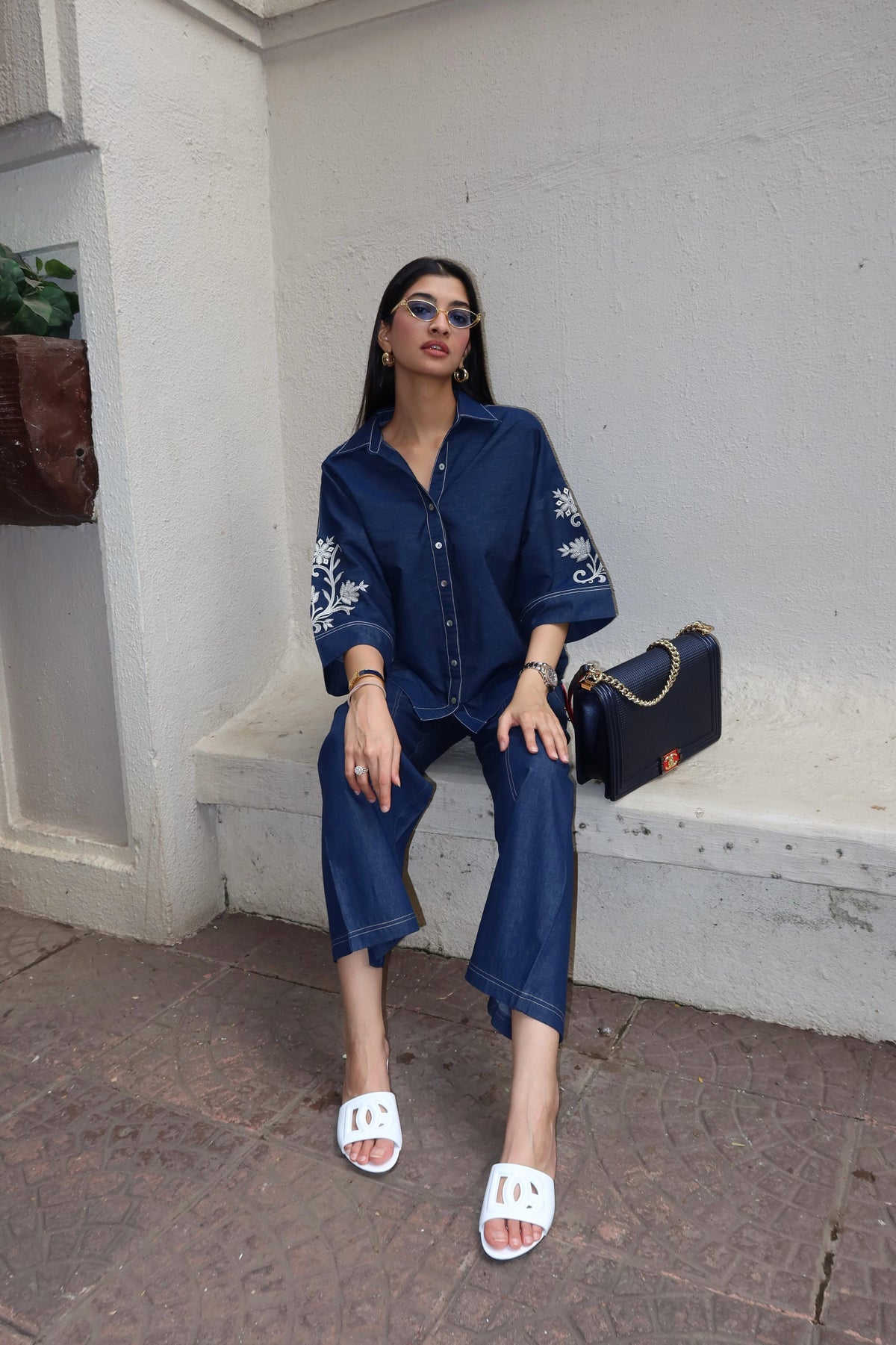 Sanditti Noor Denim Embroidered Coord Set