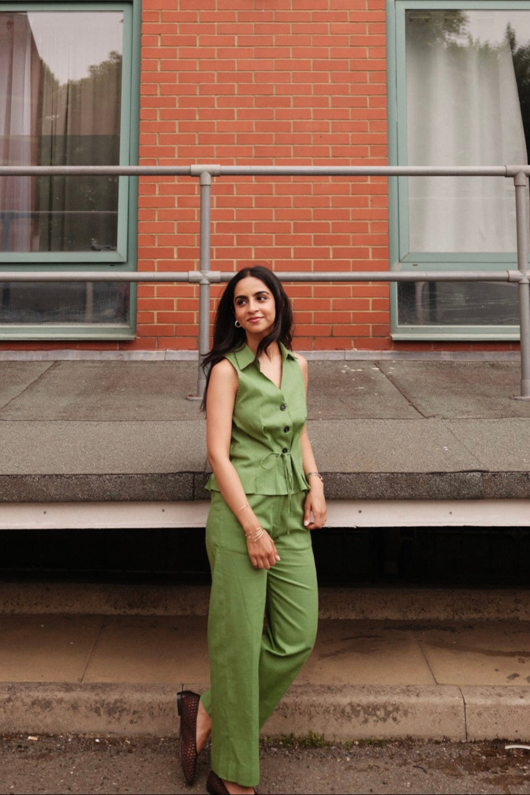 Sanditti Green Linen Waist Coat Set