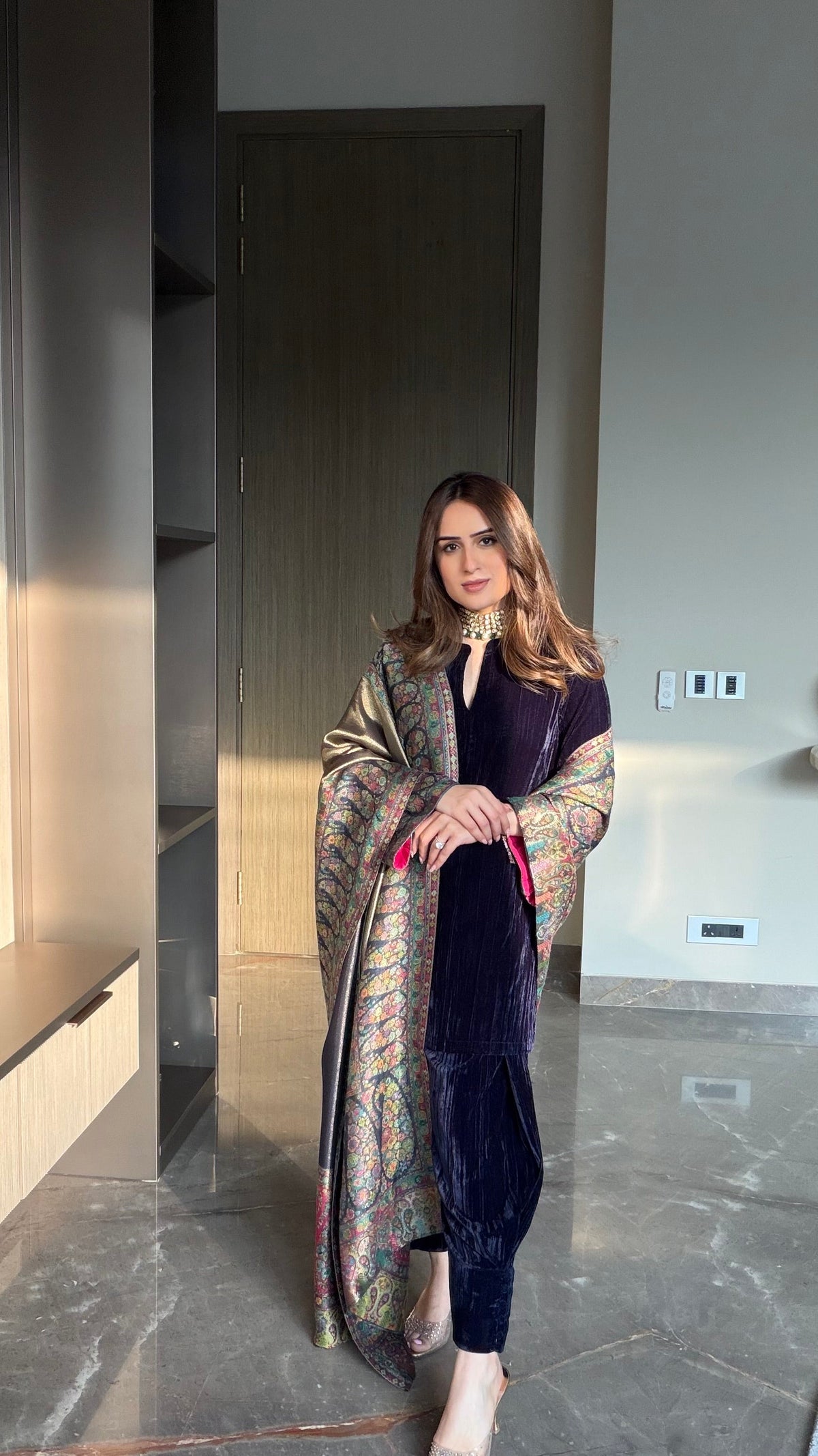 Sanditti Navy Crush Velvet Suit with Kaani Zari Dupatta