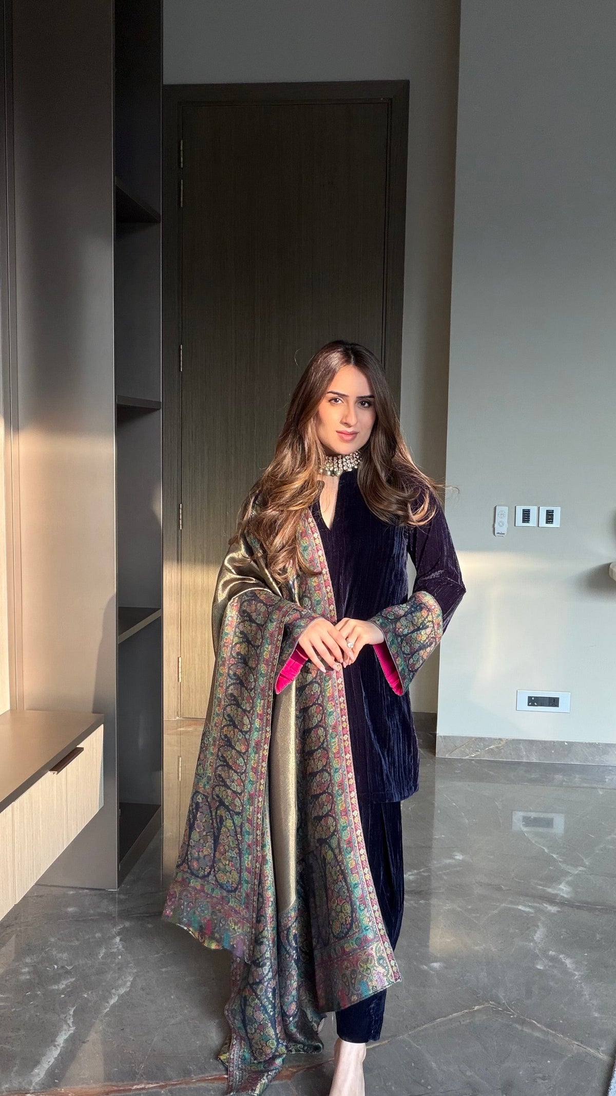 Sanditti Navy Crush Velvet Suit with Kaani Zari Dupatta