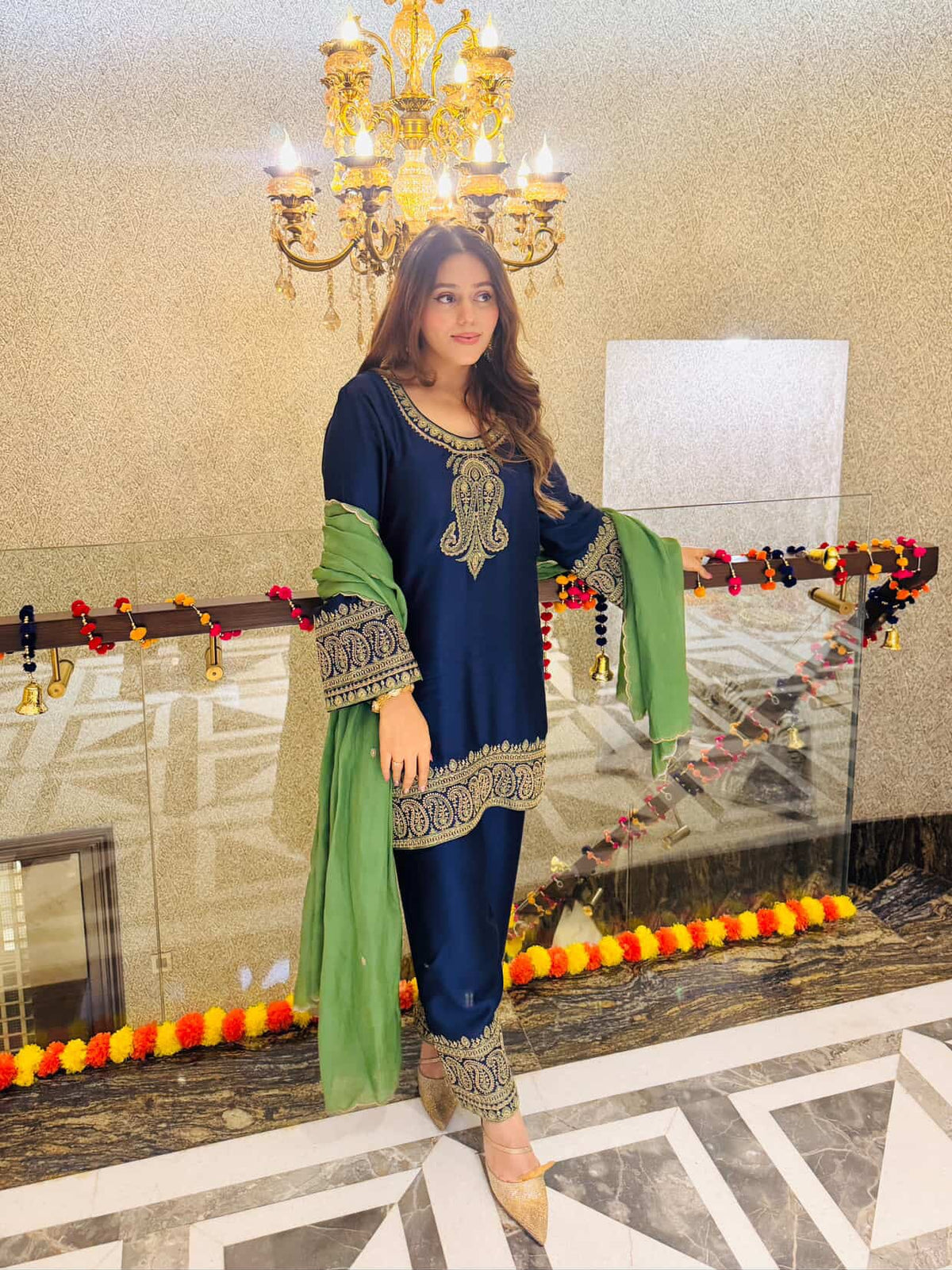 Sanditti Navy Blue Embroidered Set with Green Organza Dupatta