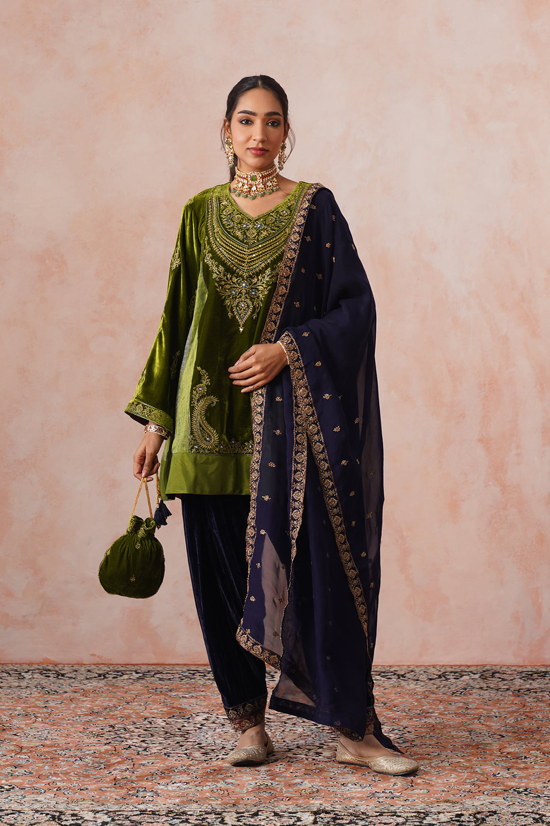 Sanditti Aafreen Golden Olive Velvet Embroidered Salwar Set