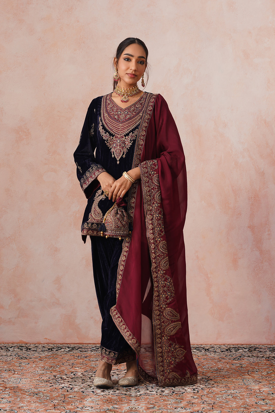 Sanditti Aafreen Navy Crush Patchwork Velvet Embroidered Set