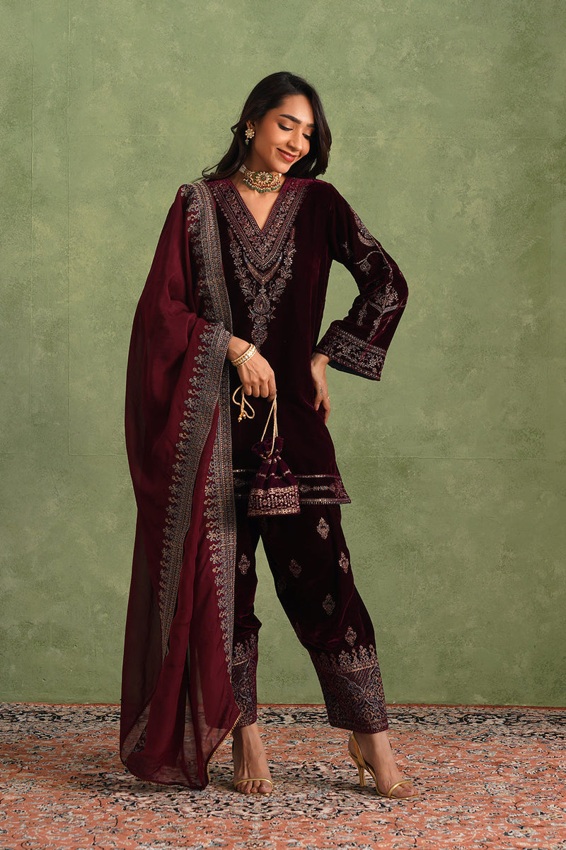 Sanditti Aafreen Wine Velvet Suit