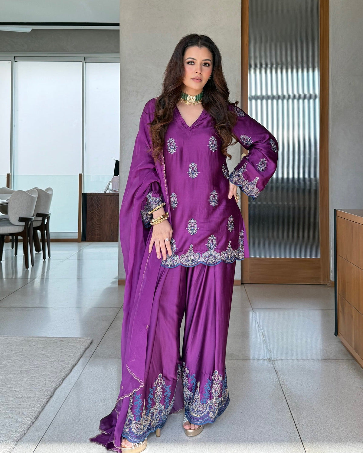 Sanditti Meher Wine Embroidered Farshi Set with Dupatta