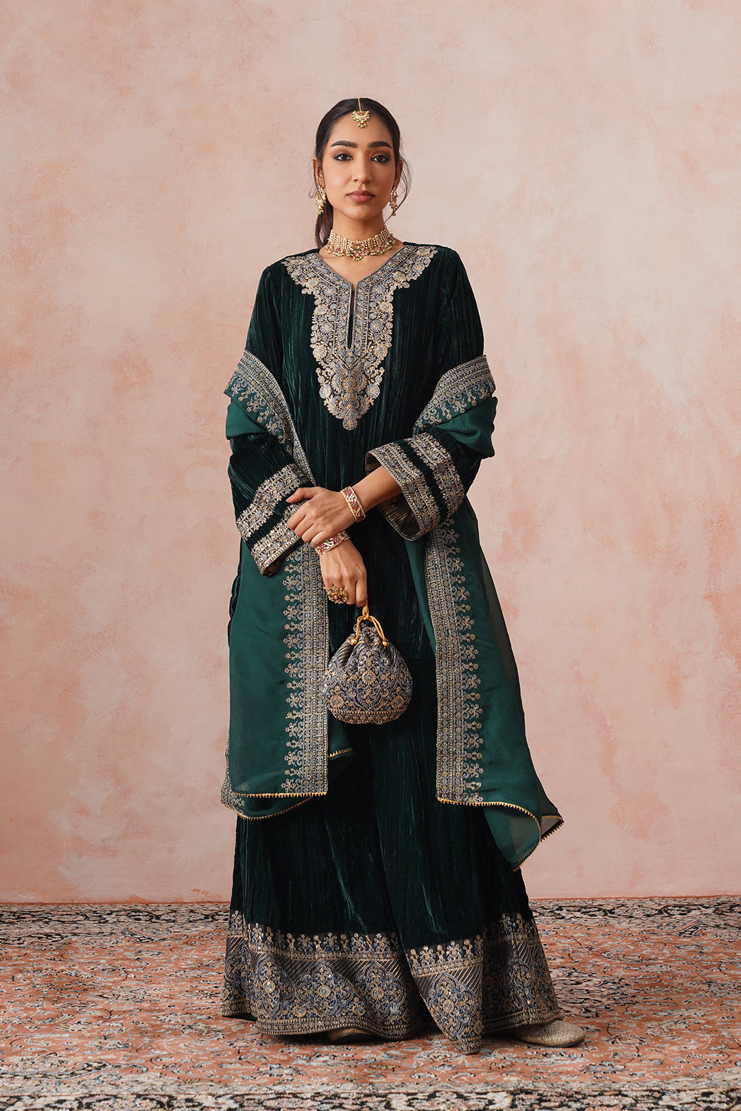 Sanditti Bottle Green Crush Velvet Embroidered Sharara Set