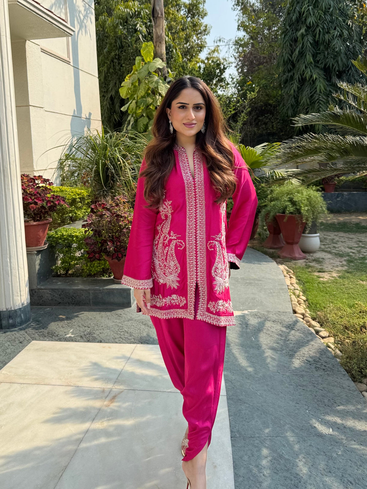 Sanditti Hot Pink Paisley Embroidered Dhoti Set