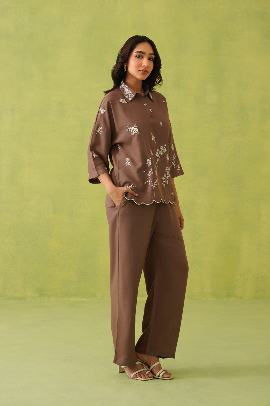 Sanditti Brown Linen Embroidered Coord Set