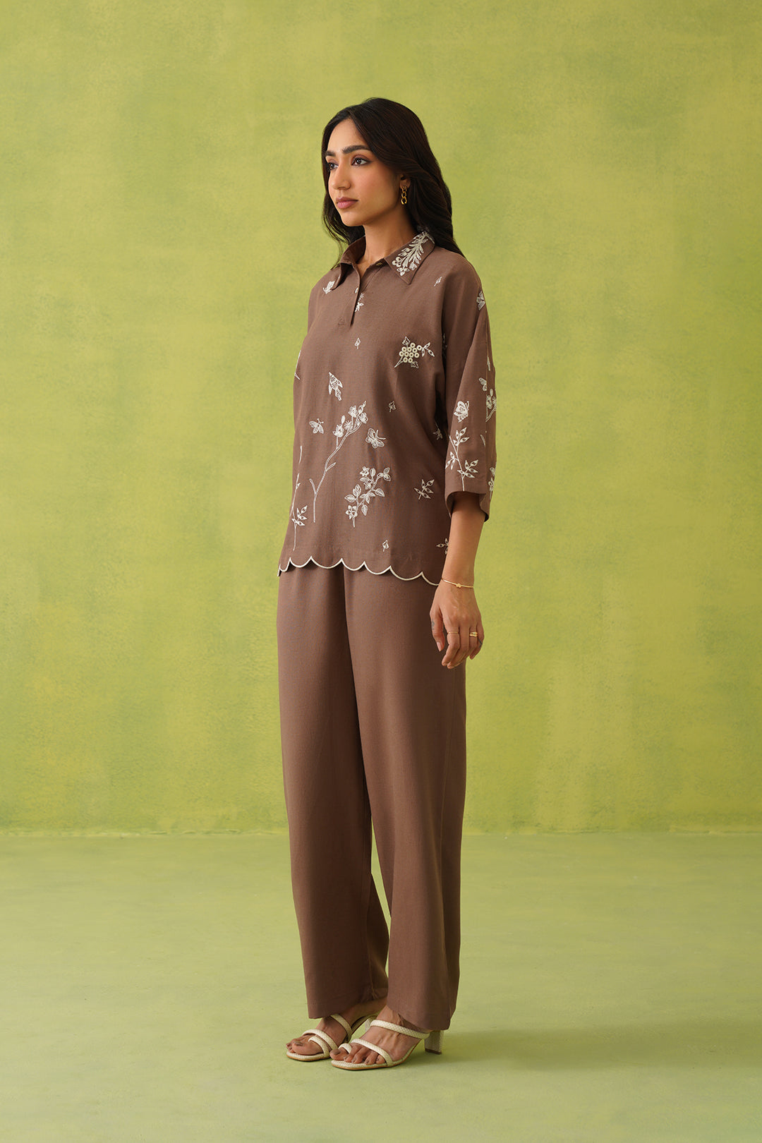 Sanditti Brown Linen Embroidered Coord Set