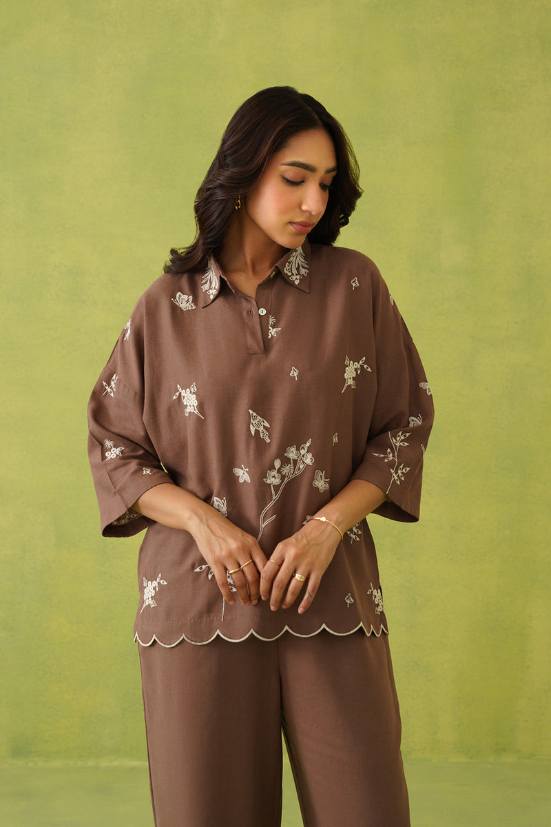 Sanditti Brown Linen Embroidered Coord Set