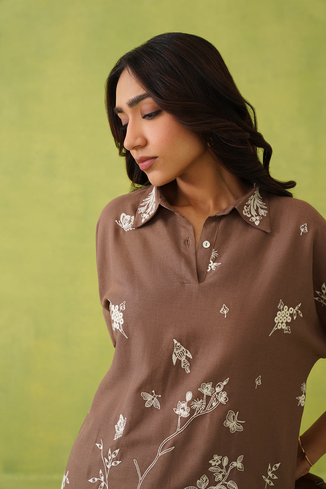 Sanditti Brown Linen Embroidered Coord Set