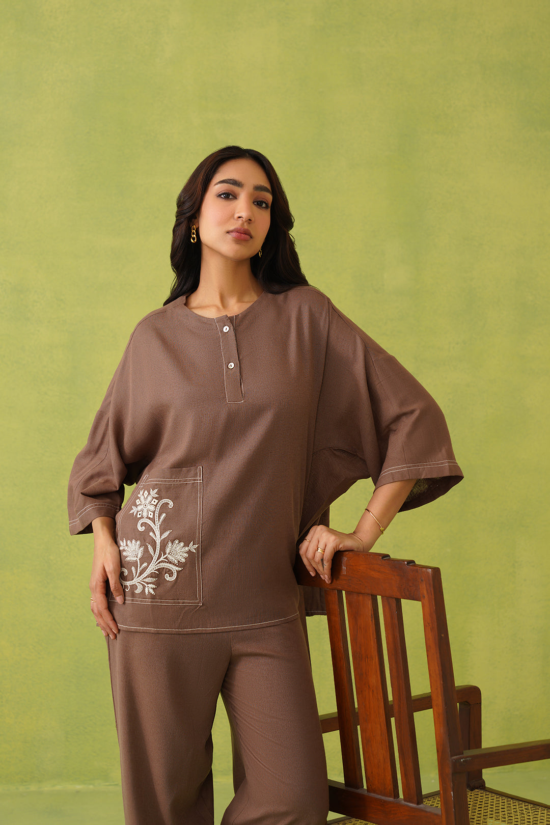 Sanditti Noor Brown Linen Embroidered Co-ord Set