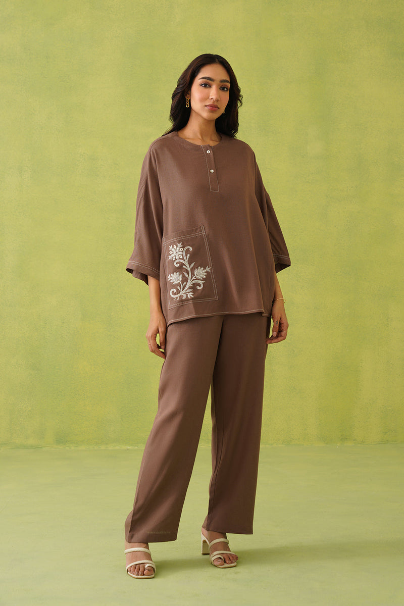 Sanditti Noor Brown Linen Embroidered Co-ord Set