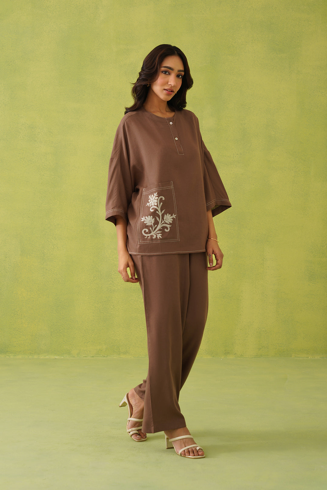 Sanditti Noor Brown Linen Embroidered Co-ord Set