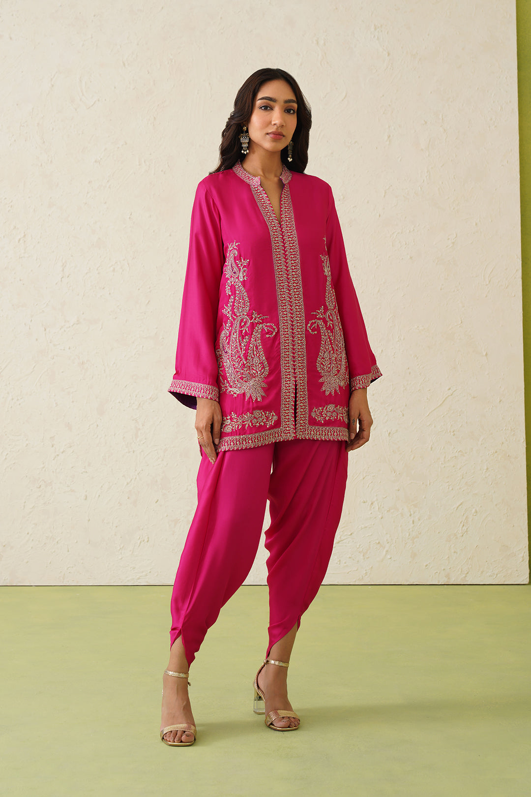 Sanditti Hot Pink Paisley Embroidered Dhoti Set
