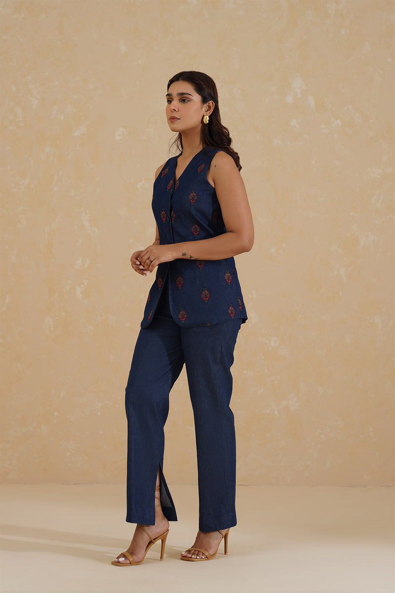 Sanditti Denim Embroidered Waist Coat Set