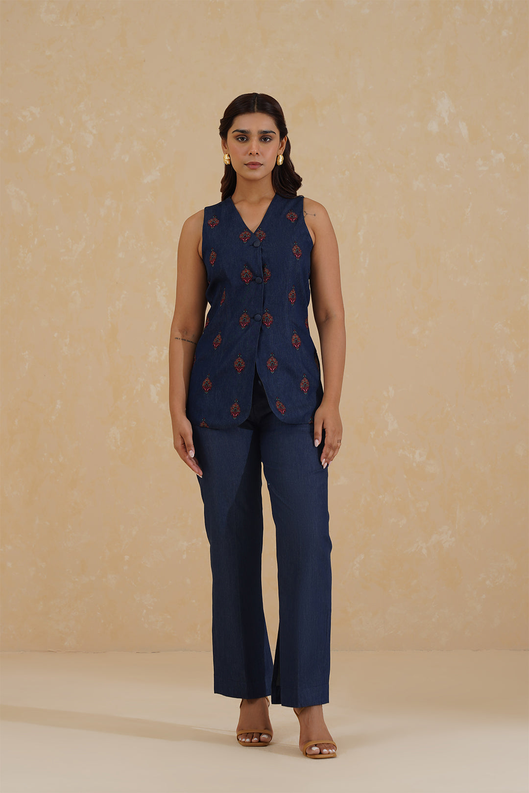 Sanditti Denim Embroidered Waist Coat Set