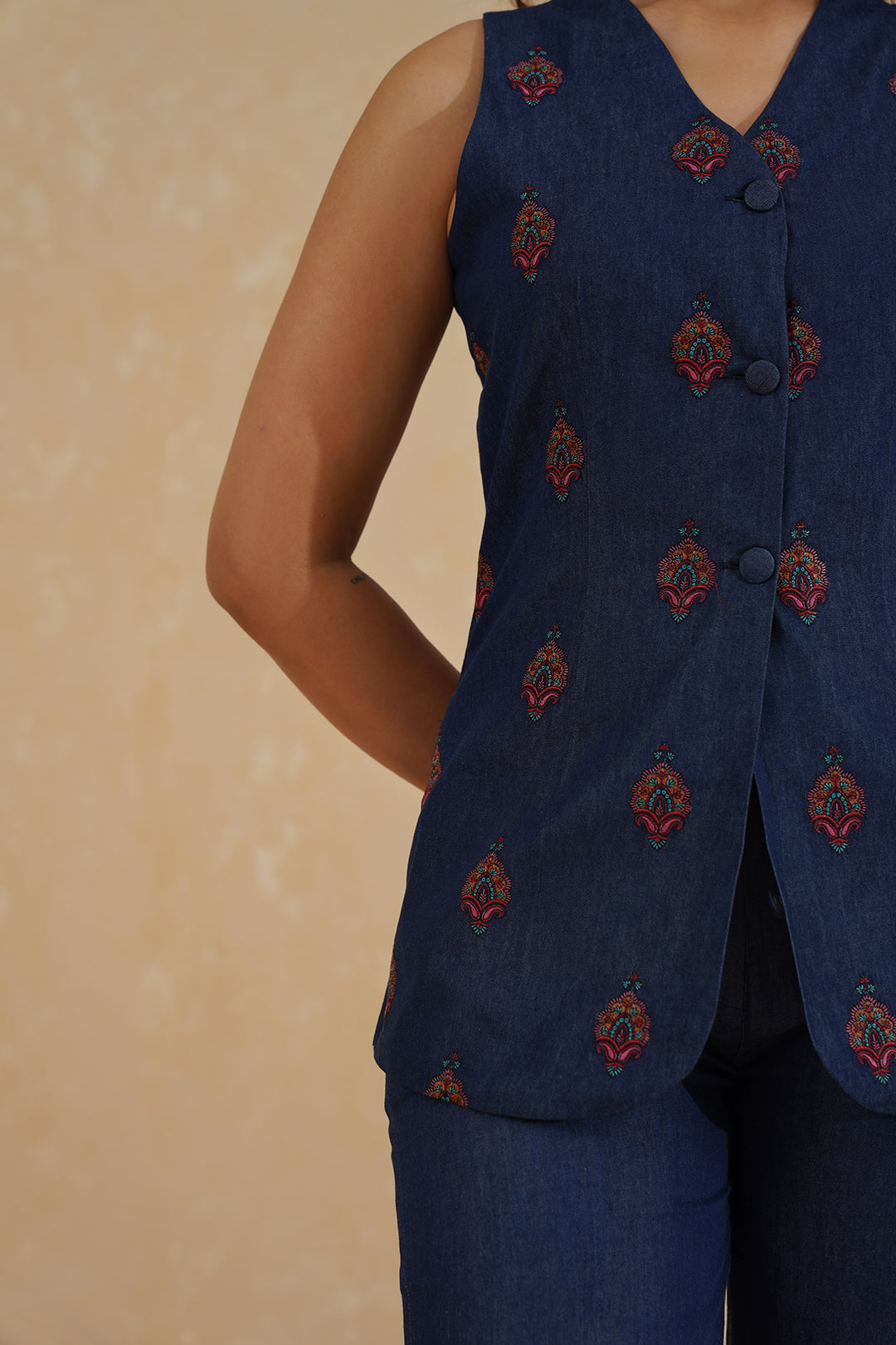 Sanditti Denim Embroidered Waist Coat Set