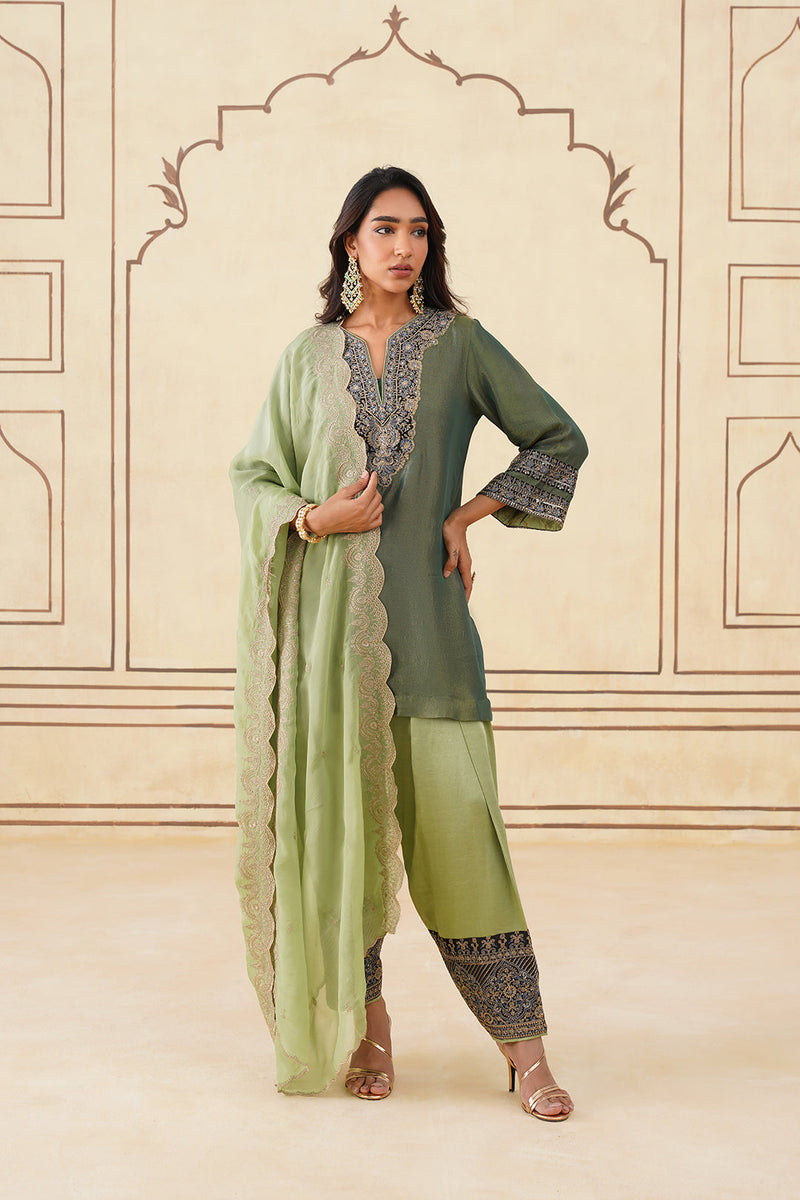 Sanditti Green Crush Tissue Hand Embroidered Set with Organza Dupatta