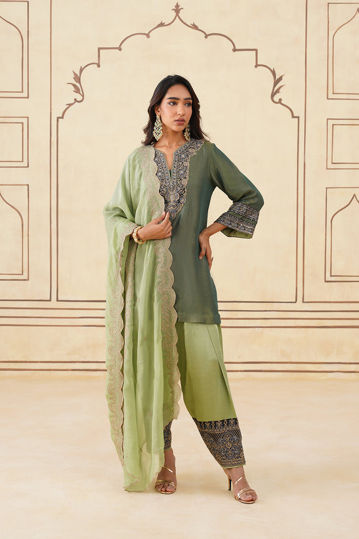 Sanditti Green Crush Tissue Hand Embroidered Set with Organza Dupatta