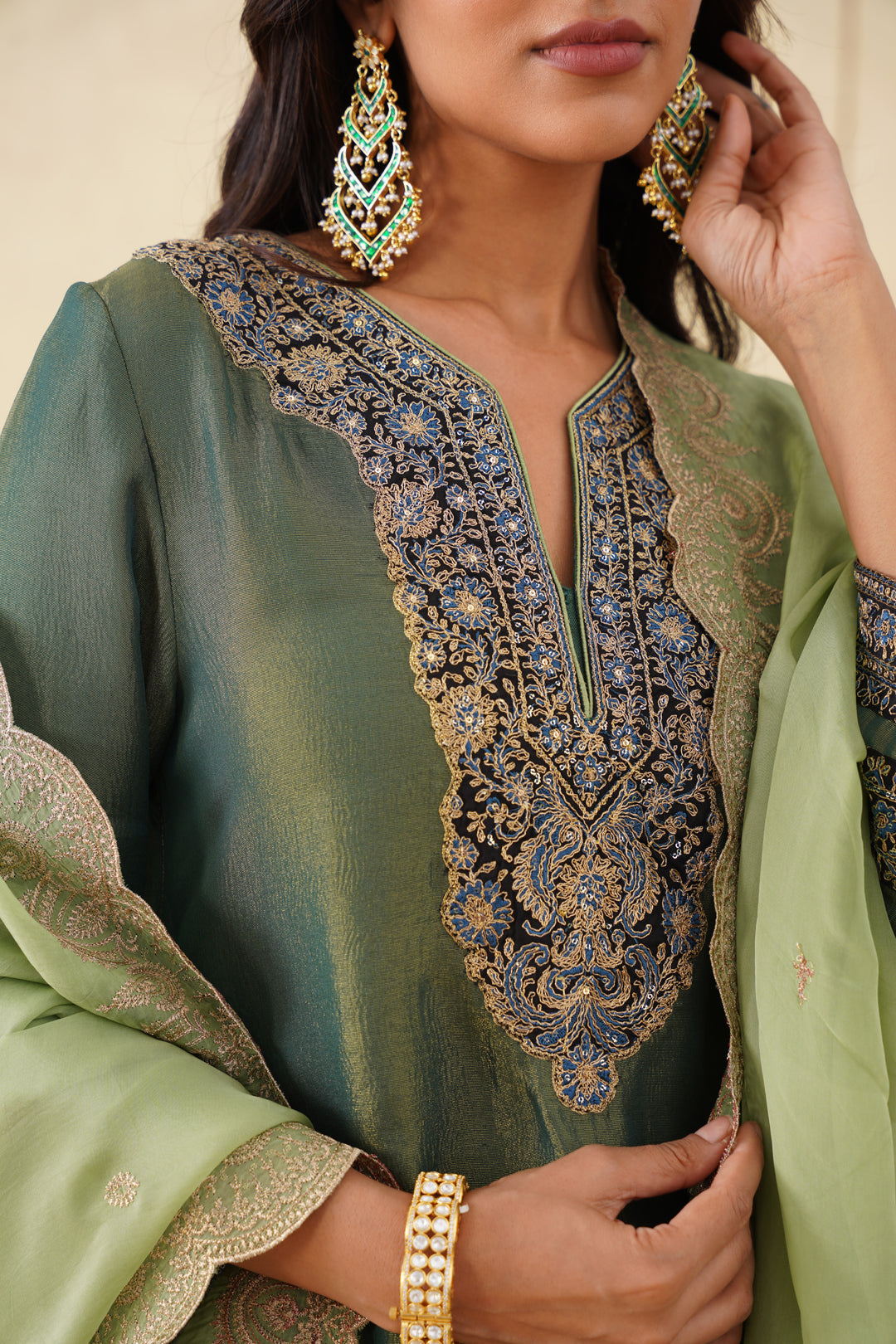 Sanditti Green Crush Tissue Hand Embroidered Set with Organza Dupatta