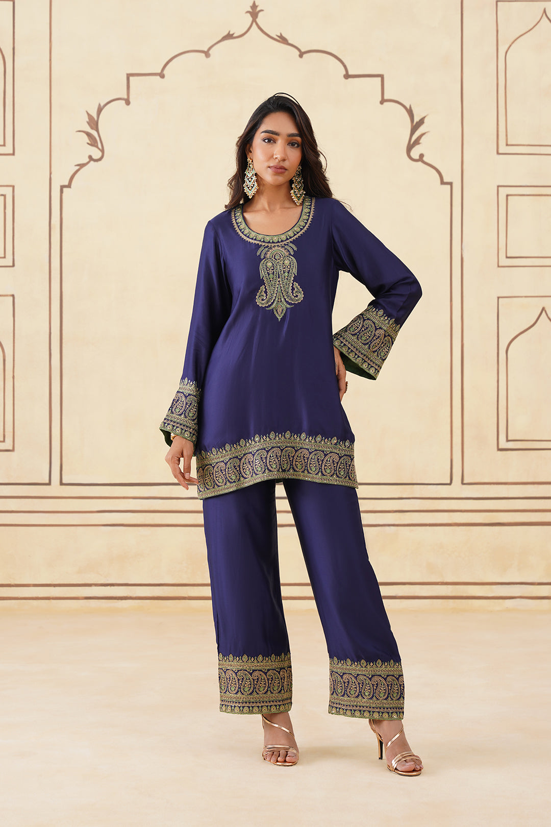 Sanditti Navy Blue Embroidered Set with Green Organza Dupatta