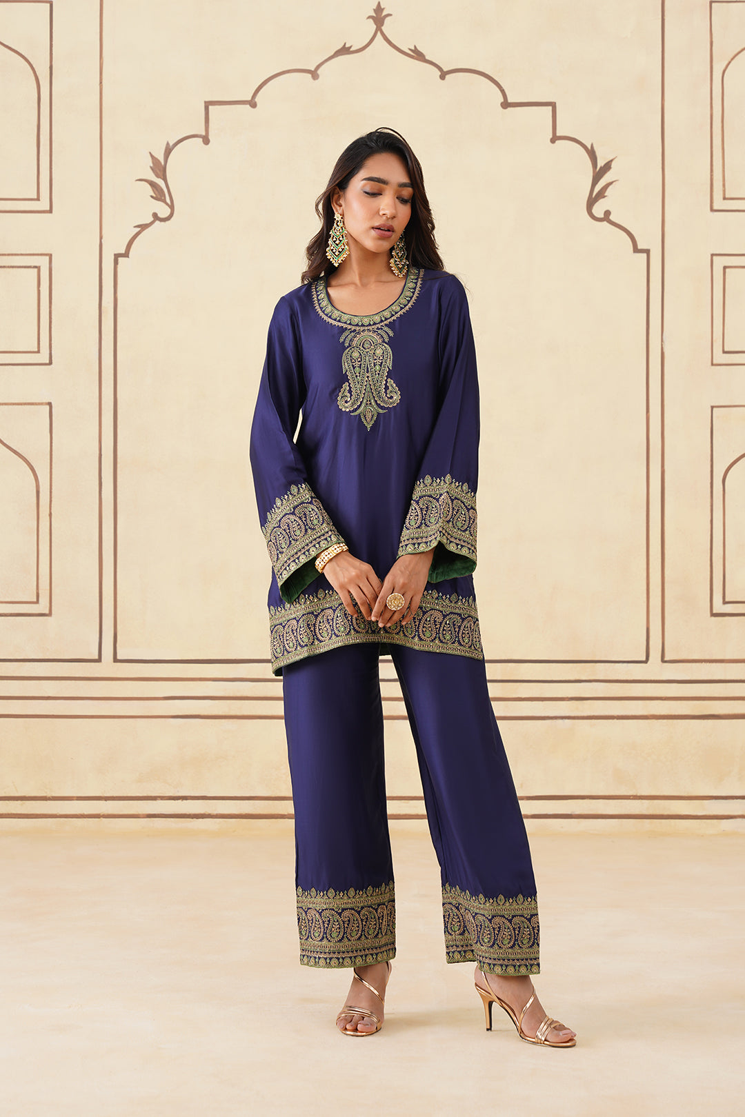 Sanditti Navy Blue Embroidered Set with Green Organza Dupatta
