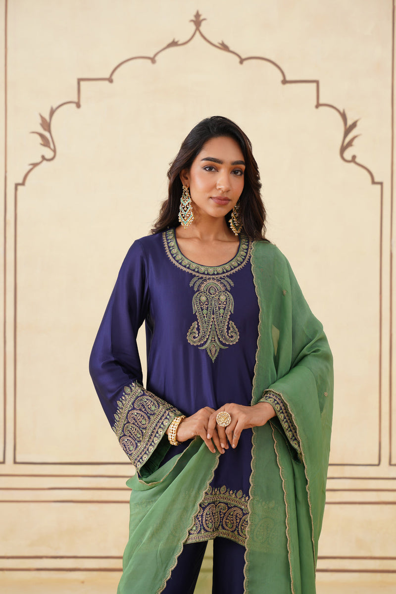 Sanditti Navy Blue Embroidered Set with Green Organza Dupatta
