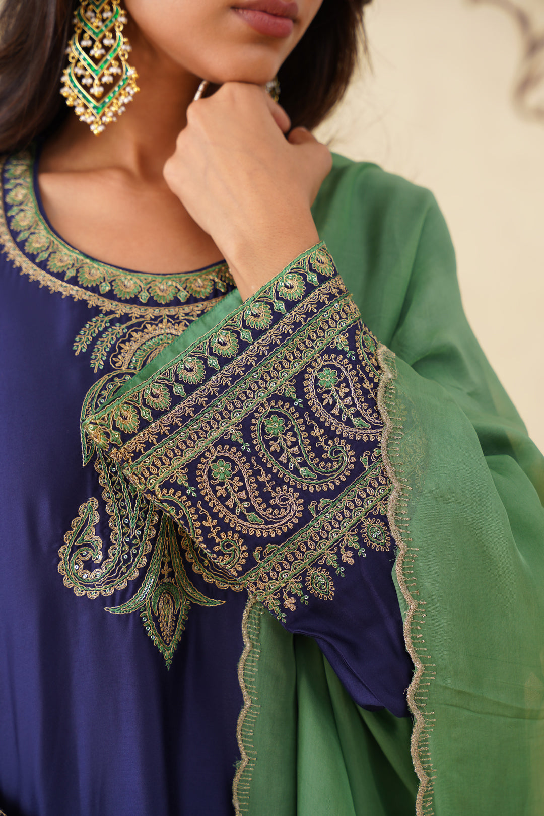 Sanditti Navy Blue Embroidered Set with Green Organza Dupatta