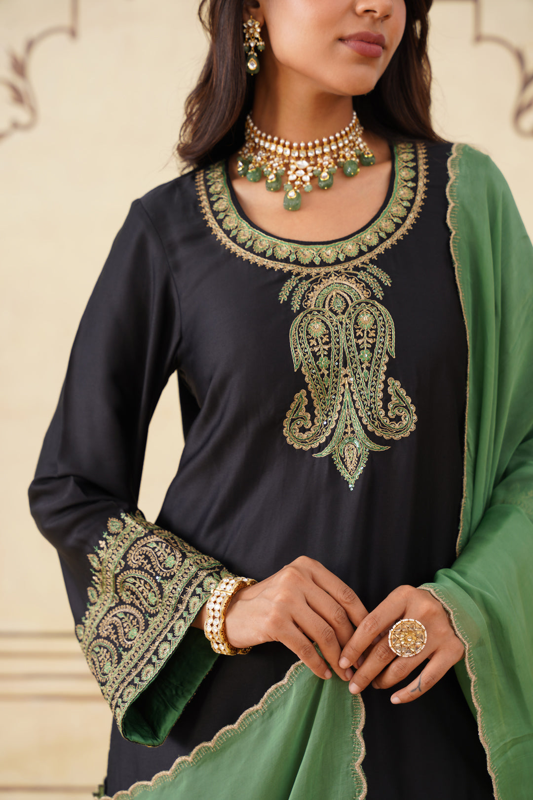 Sanditti Black Embroidered Set with Green Organza Dupatta