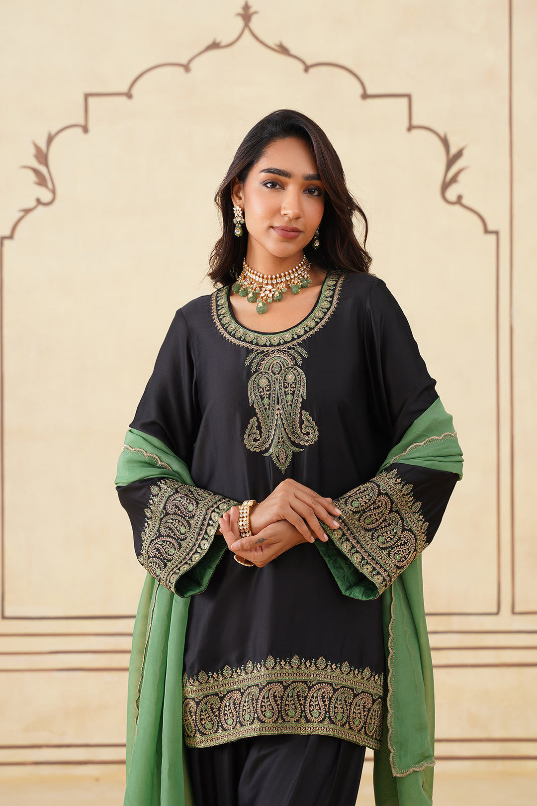 Sanditti Black Embroidered Set with Green Organza Dupatta
