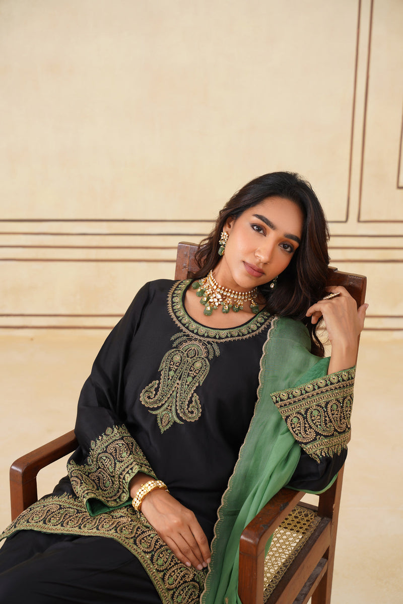 Sanditti Black Embroidered Set with Green Organza Dupatta