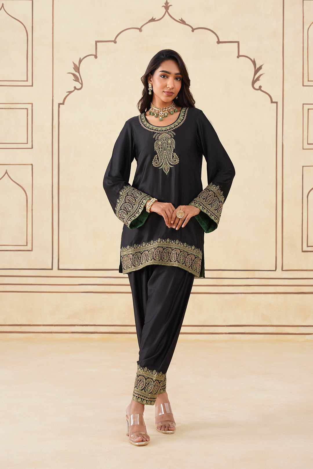 Sanditti Black Embroidered Set with Green Organza Dupatta