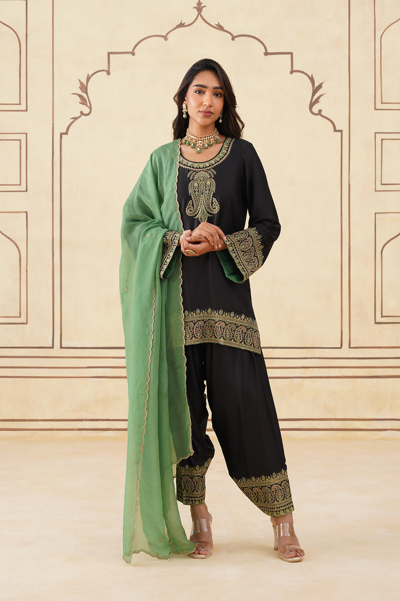 Sanditti Black Embroidered Set with Green Organza Dupatta