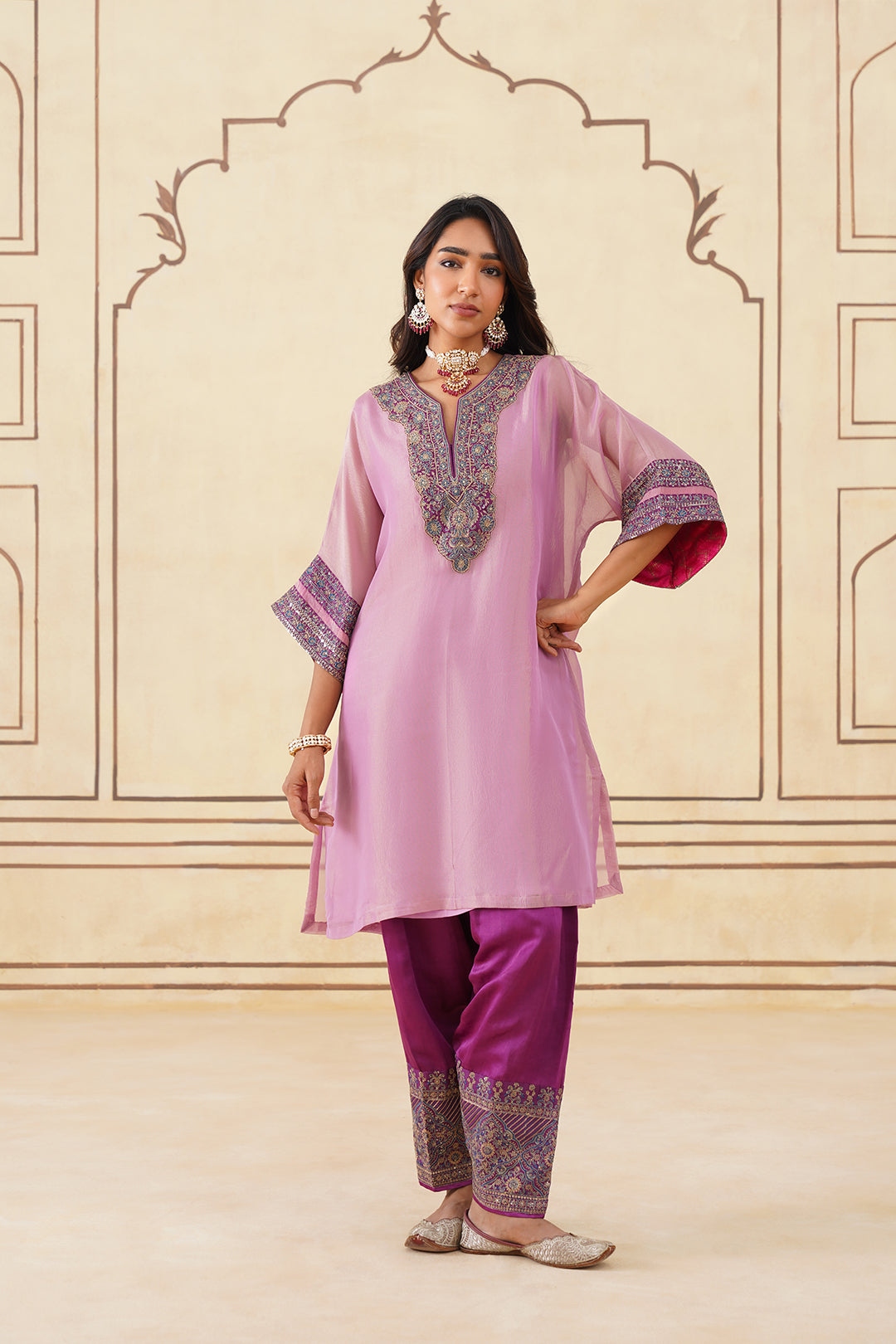 Sanditti Pink Crush Tissue Hand Embroidered Set with Organza Dupatta