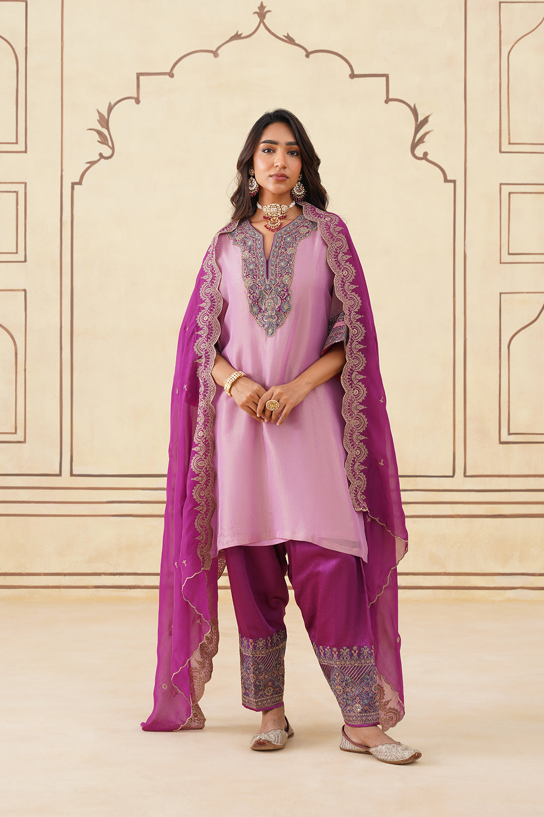 Sanditti Pink Crush Tissue Hand Embroidered Set with Organza Dupatta
