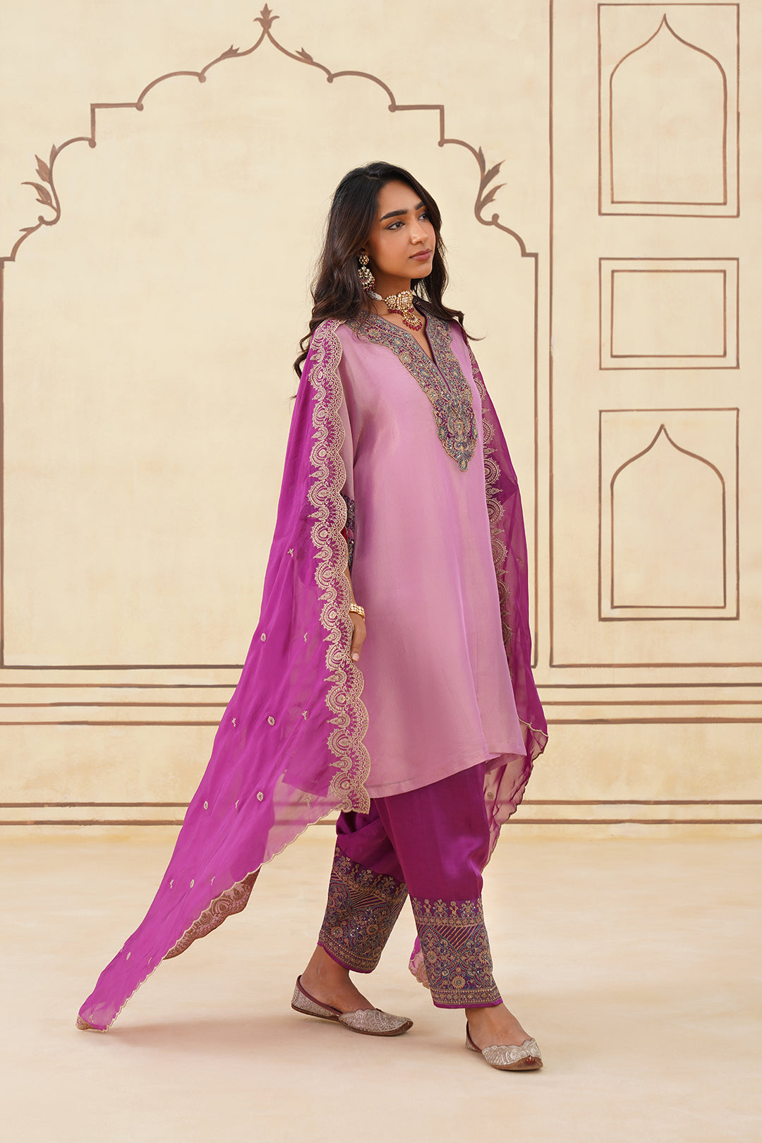 Sanditti Pink Crush Tissue Hand Embroidered Set with Organza Dupatta
