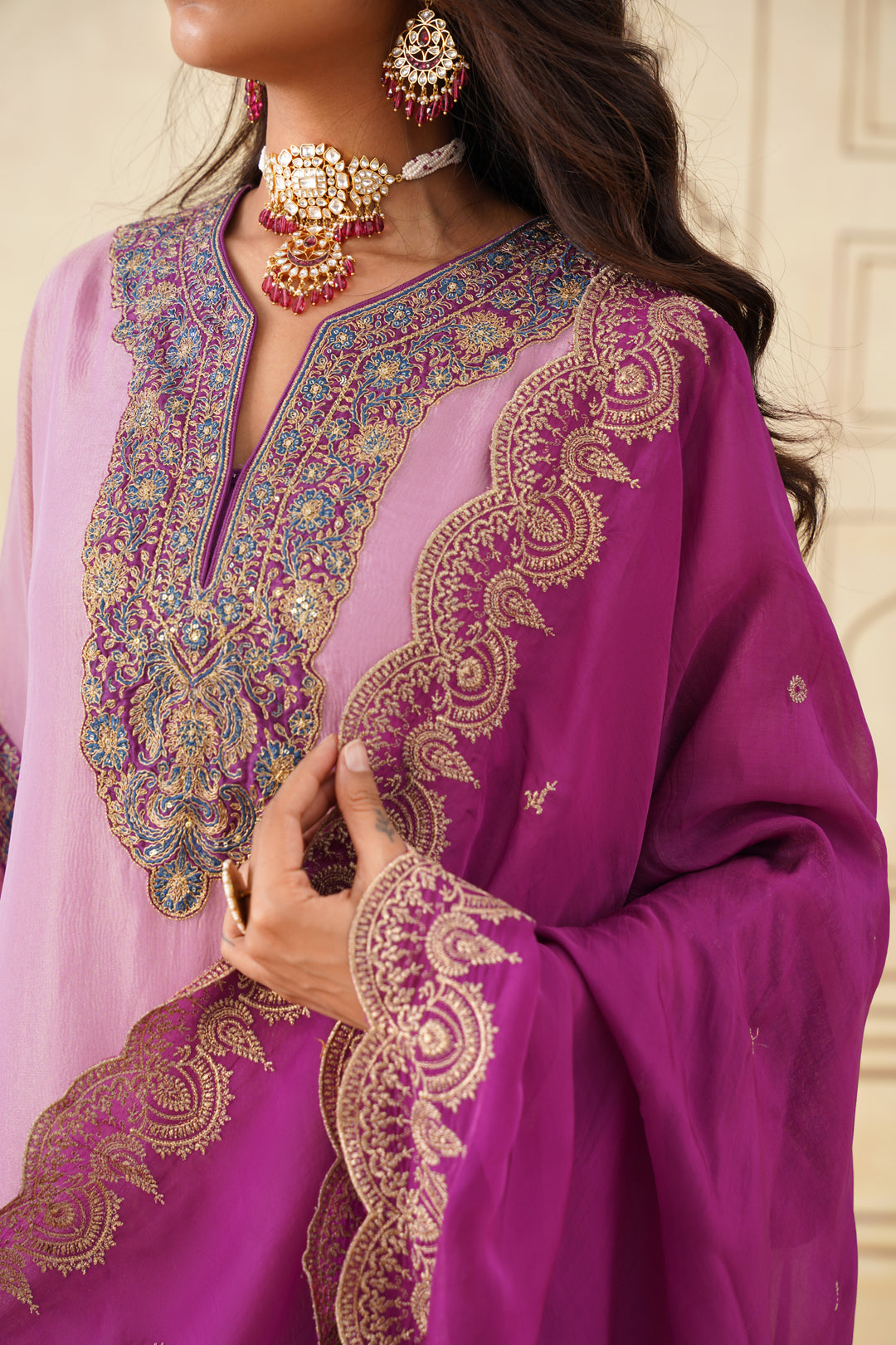Sanditti Pink Crush Tissue Hand Embroidered Set with Organza Dupatta