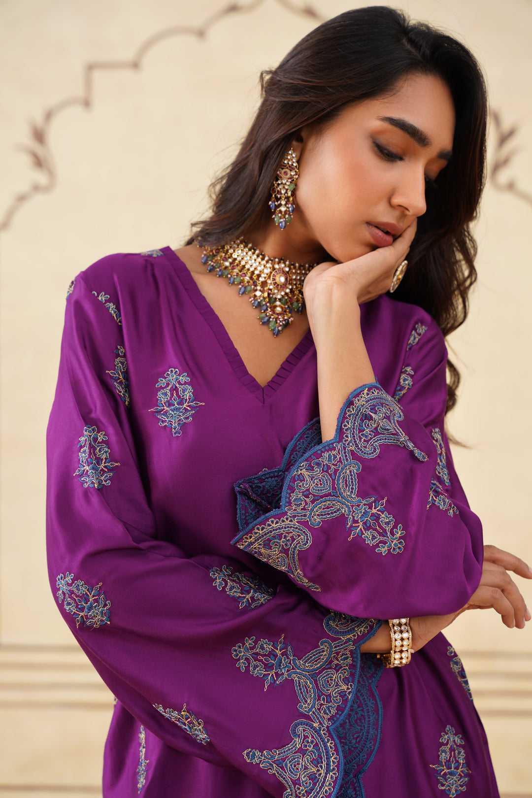 Sanditti Meher Wine Embroidered Farshi Set with Dupatta