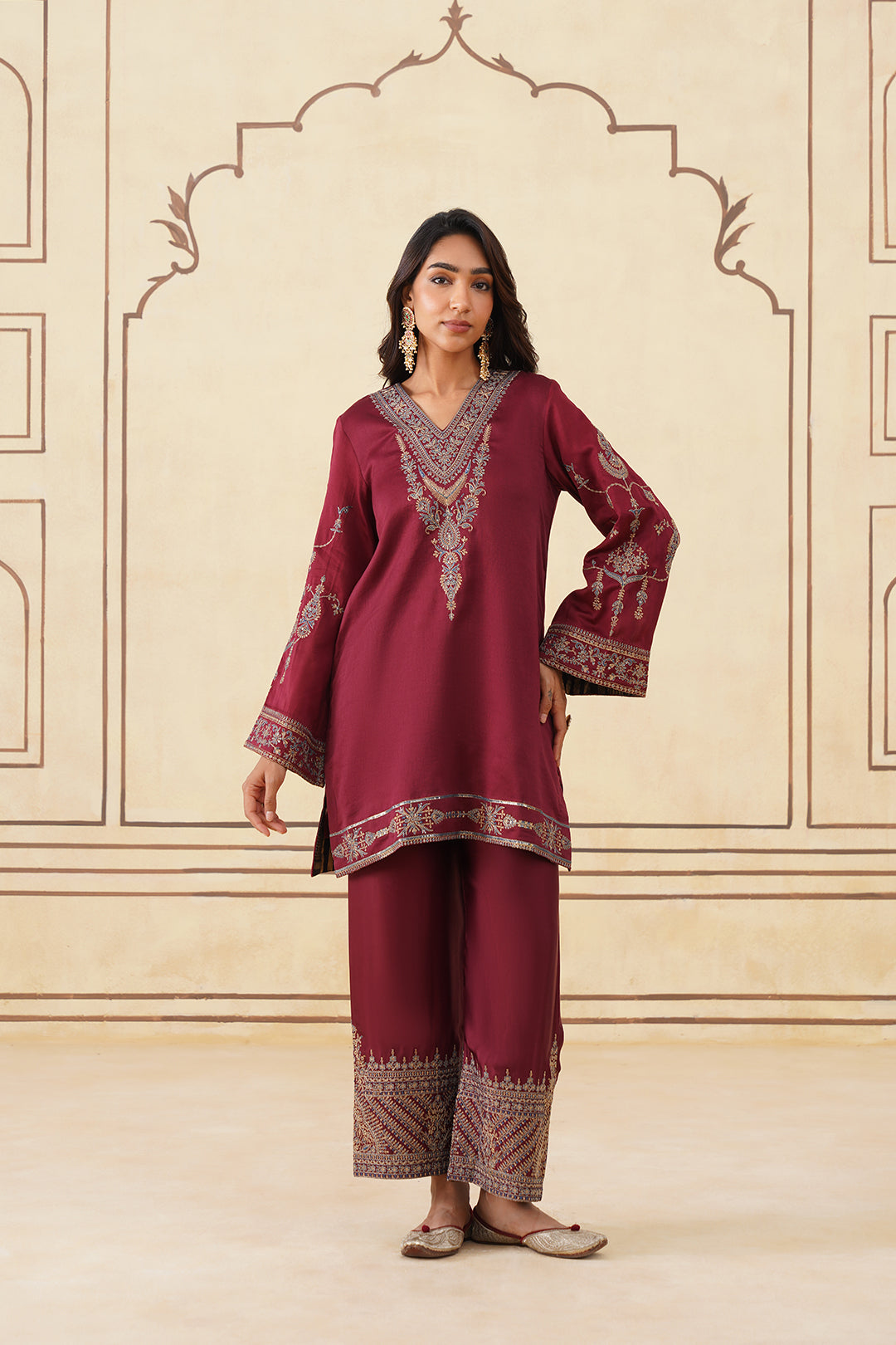 Sanditti Maroon Embroidered Set with Tonal Organza Dupatta