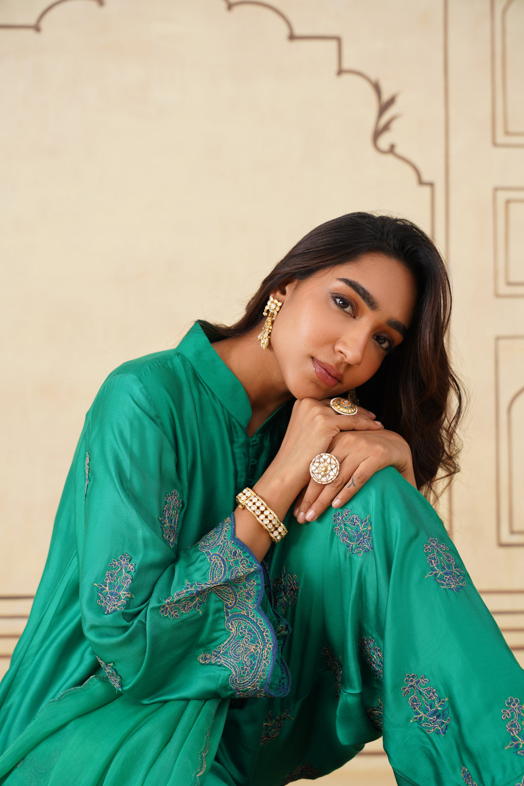 Sanditti Meher Emerald Green Embroidered Set with Dupatta