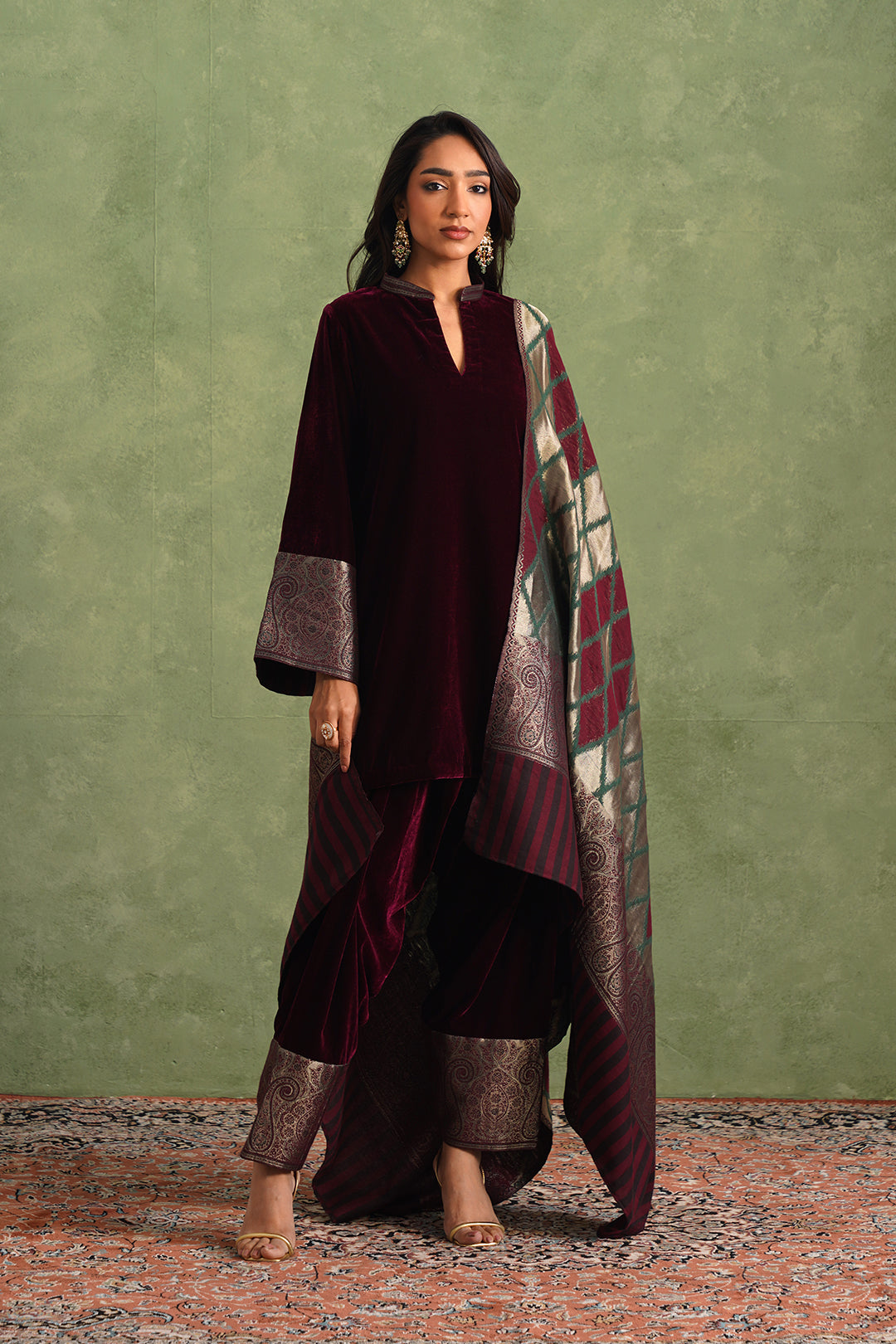 Sanditti Wine Velvet Suit with Ikkat Woven Dupatta