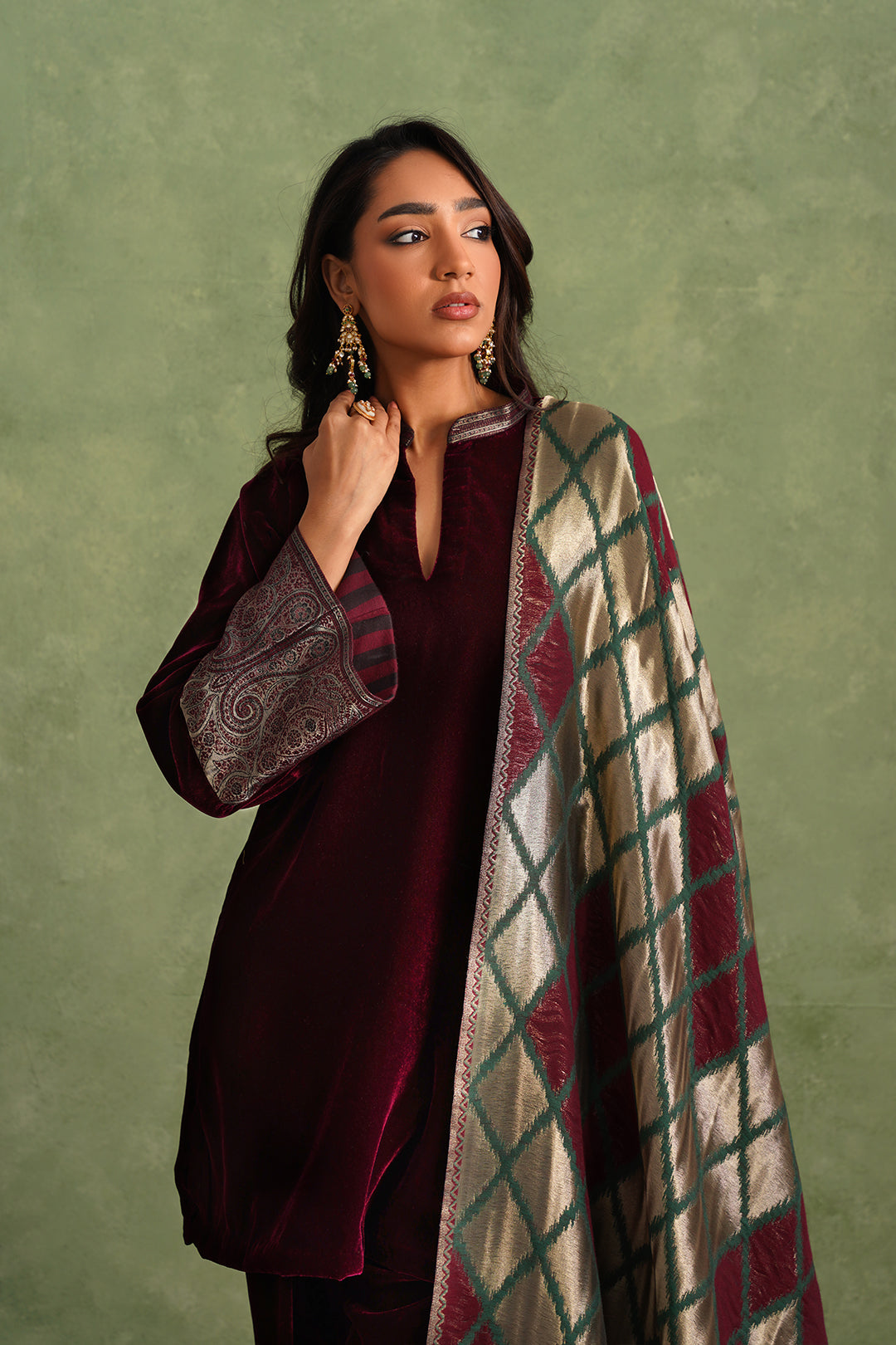 Sanditti Wine Velvet Suit with Ikkat Woven Dupatta