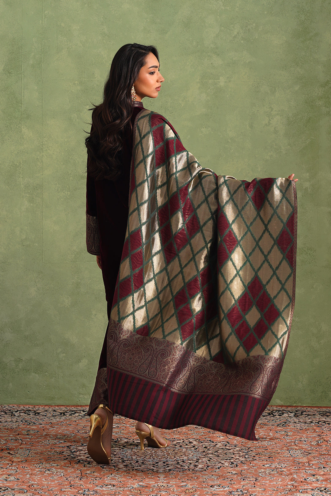 Sanditti Wine Velvet Suit with Ikkat Woven Dupatta